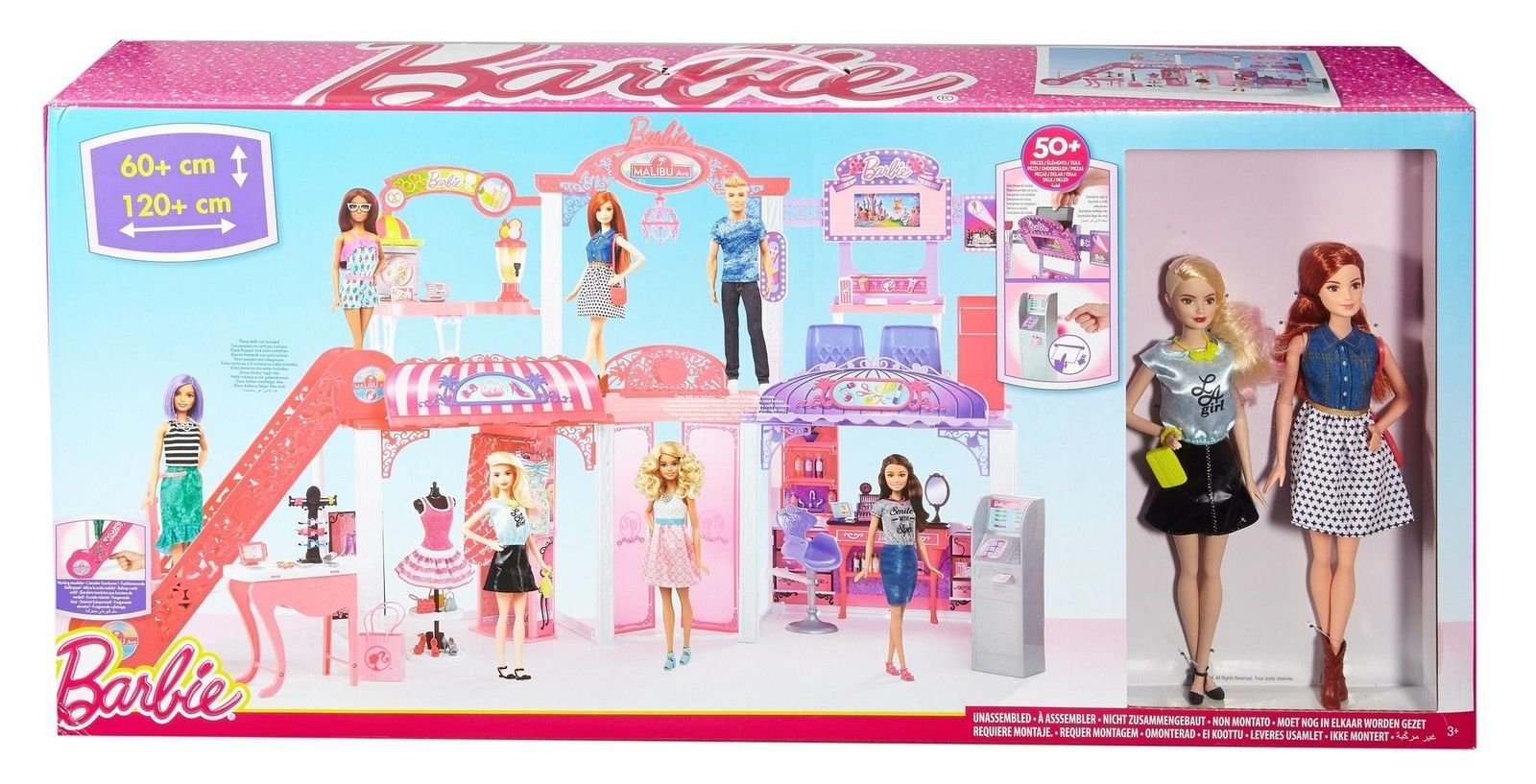 BARBIE Malibu Ave SHOPPING MALL 50+ Pieces PLAYSET w Working ESCALATOR