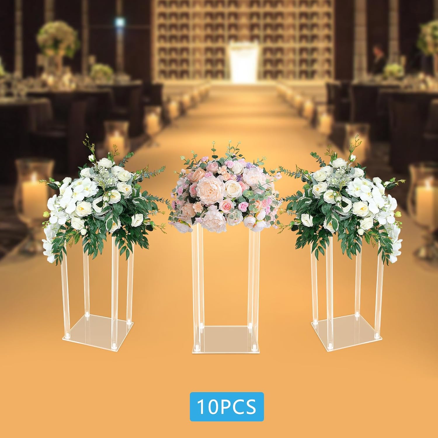 10PCS Wedding Acrylic Vase, 24in Tall Decorative Flower Stands with Clear Tabletop Geometric Centerpieces, Stand-Floor Column Display Risers for Weddings (9.84*9.84*23.62in)
