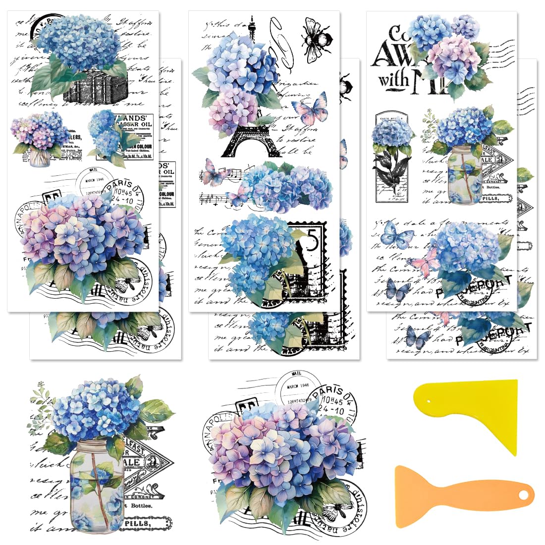 6 Sheet Hydrangea Rub on Transfers for Furniture and Crafts Vintage Words Flower Furniture Rub on Transfer Stickers for Wood Glass Home Office Decor 11.8 x 5.9 Inches Retro Transfer Decals