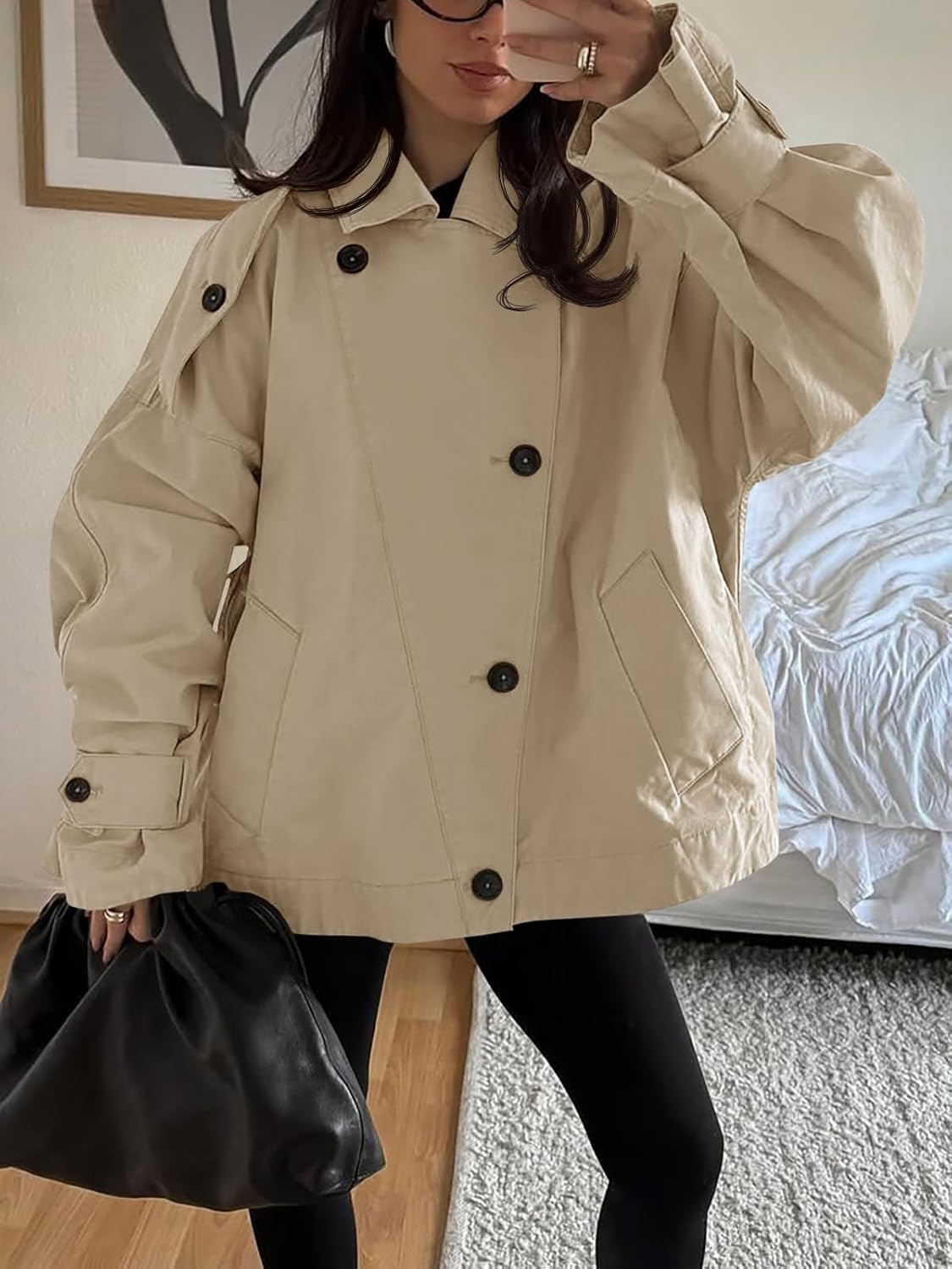 Tankaneo Womens Oversized Trench Coat Single Breasted Lapel Casual Coats Short Jacket Fall Outerwear - Image 6