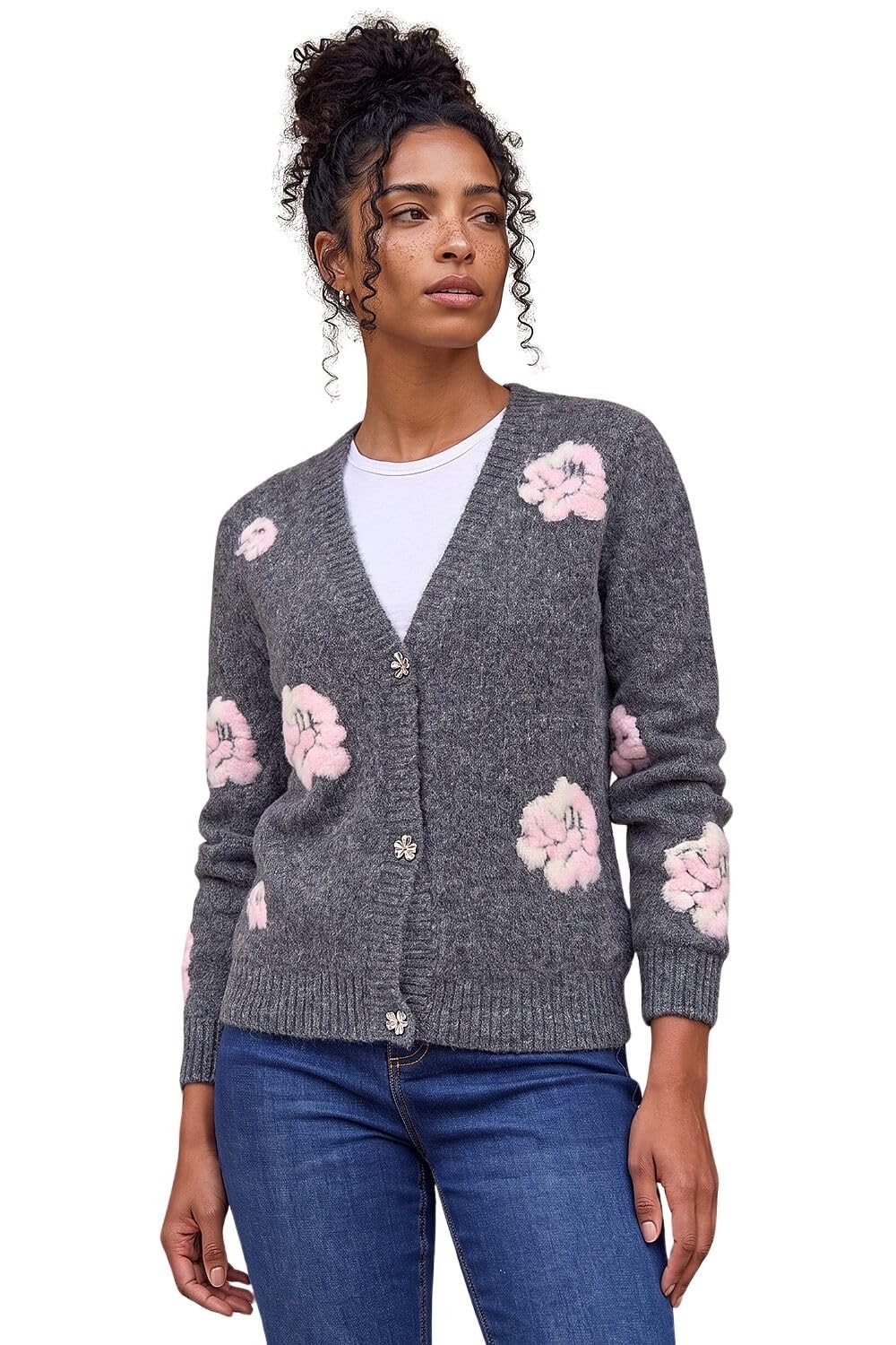 Roman Women's Grey Embossed Floral Knit Cardigan Sweater In | : Size 20