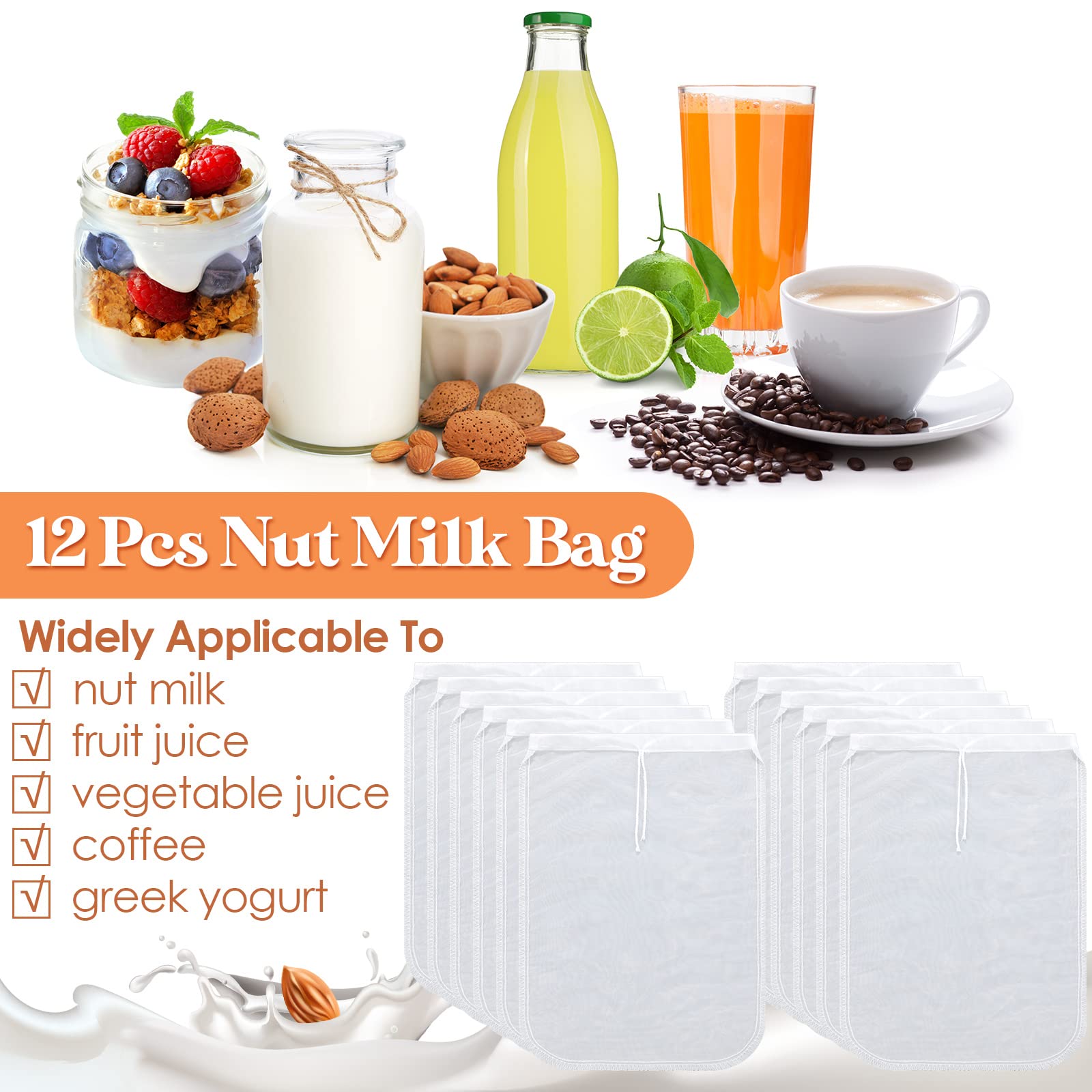 Tudomro 12 Pcs Nut Milk Bag Reusable Food Safe Nylon Bag Strainer Nut Milk Mesh for Straining Almond, Coffee, Juices, Yogurt, Soup and Doufu, 7.9 x 11.8 Inch