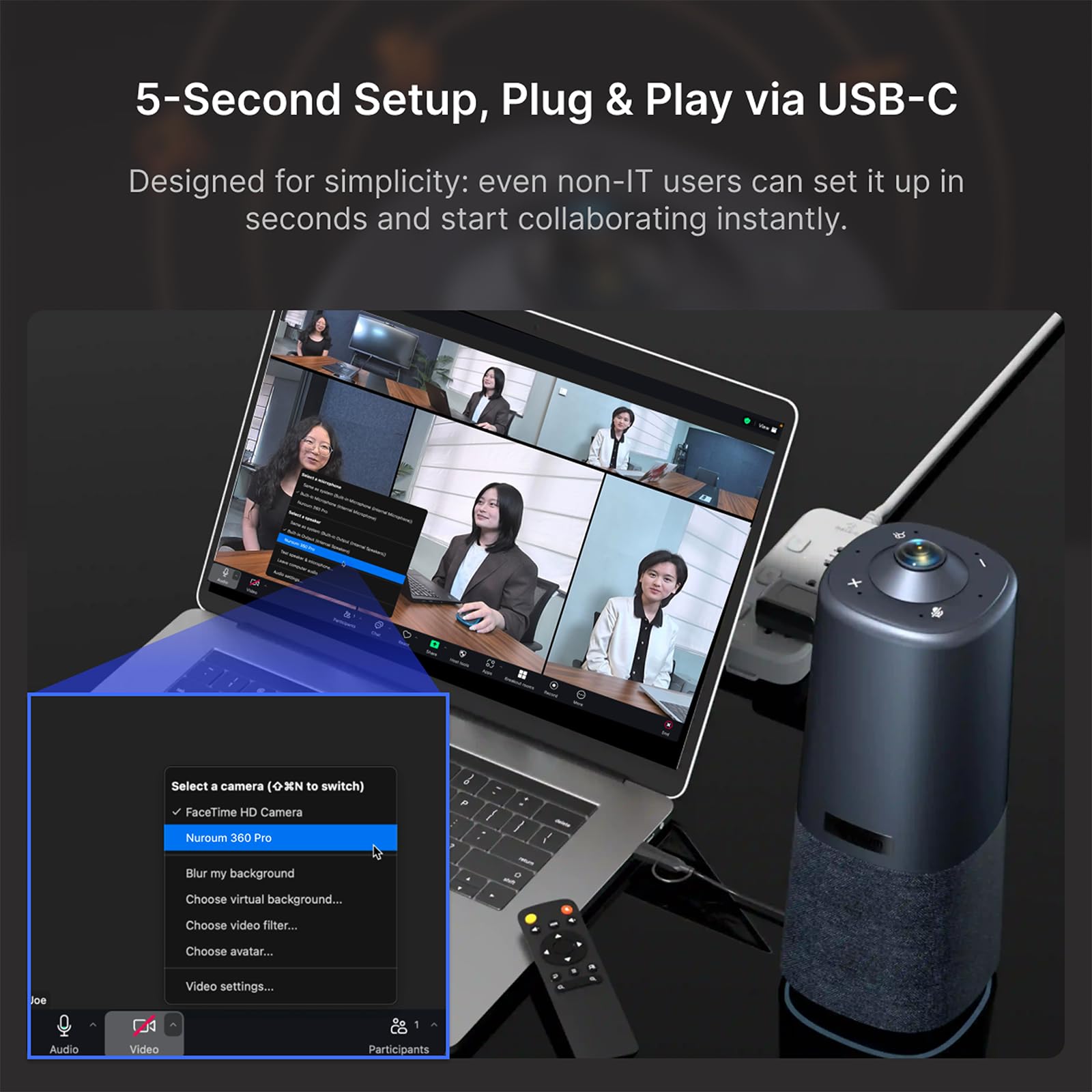 Nuroum 360 Pro Webcam per Videoconferenze a 360° con Altoparlante e Microfono, 3 Modalità Video AI Intelligenti, Soppressione del Rumore e Full Duplex, Webcam All-in-1 per Zoom/Team/GoogleMeet