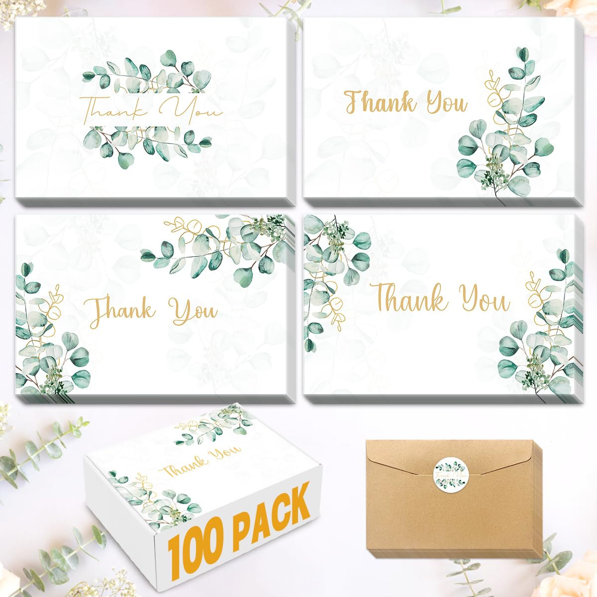 100PK Thank You Cards With Envelopes Bulk: 4x6 Blank Thank You Notes & Stickers Baby Shower Wedding Small Business - Floral Leaves Teacher