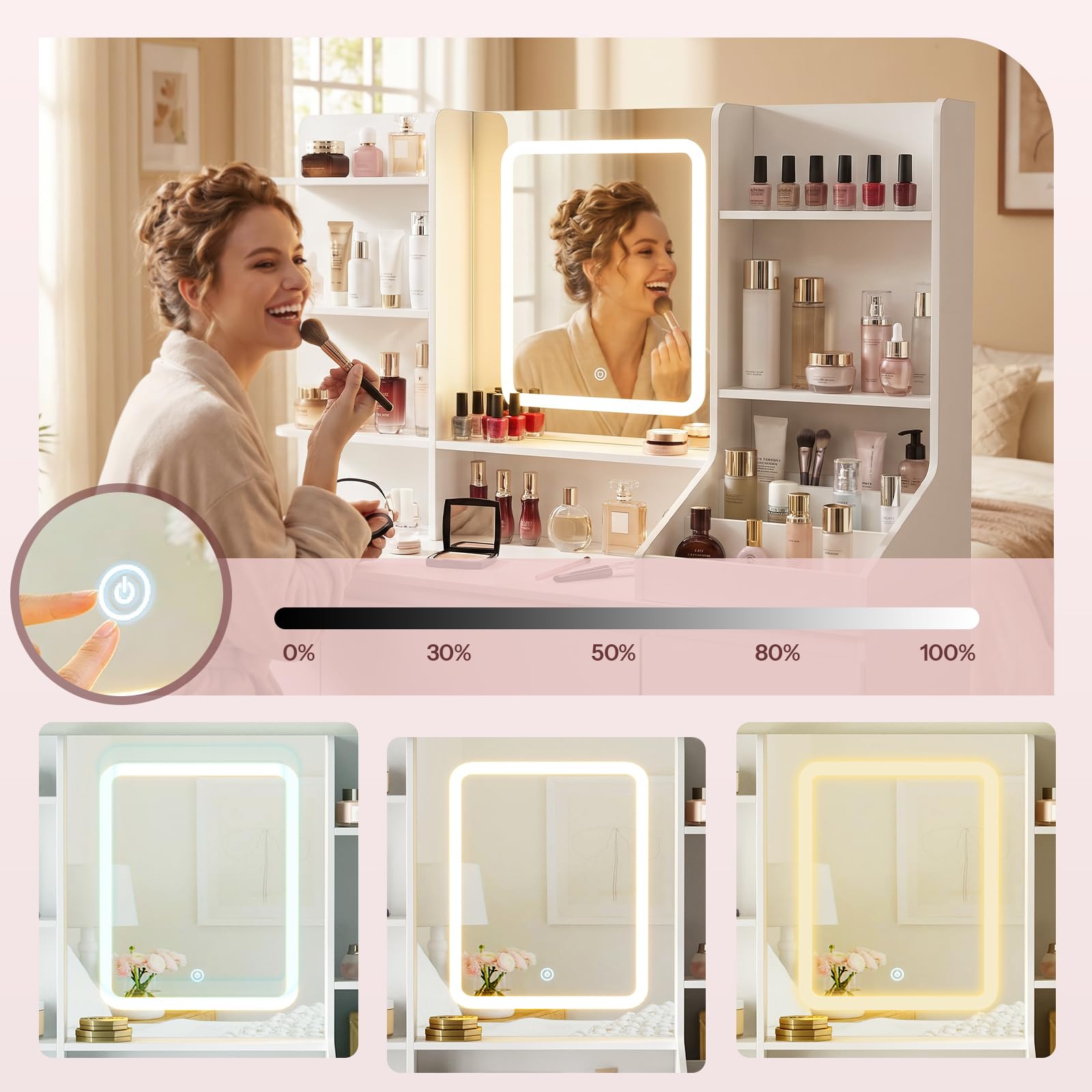 HOOBRO Tocador, con Espejo LED Regulable, Mesa de Maquillaje, 5 Estantes Abiertos y 7 Cajones, con Estación de Carga Integrada (2 Tomas CA, 1 USB-A, 1 Tipo C), para Vestidor, Habitación, Blanco
