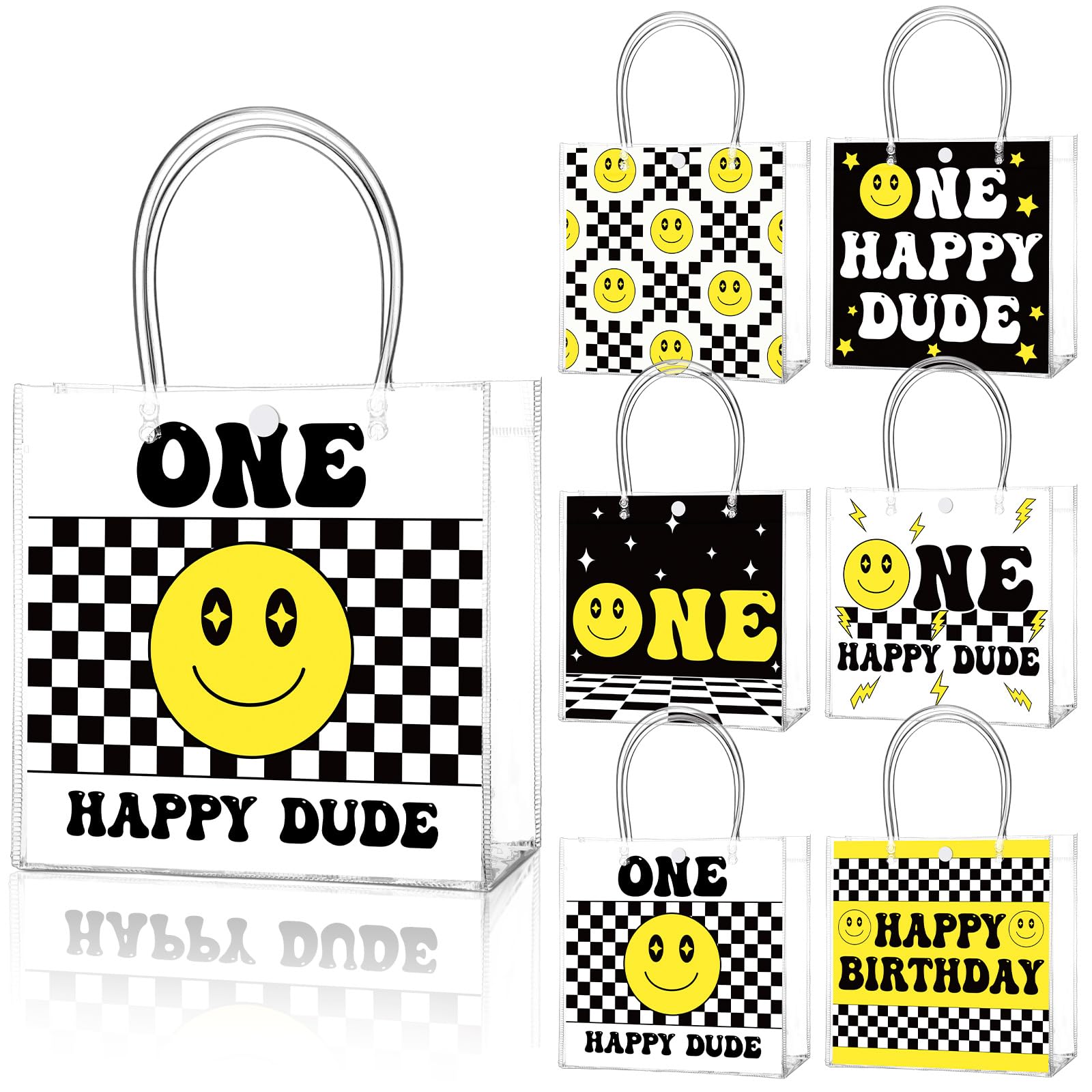 Teenyyou 24 Pcs One Happy Dude Clear Gift Bags with Handles One Happy Dude Party Favor PVC Goodie Treat Candy Tote Plastic Gift Bags for 1st Birthday