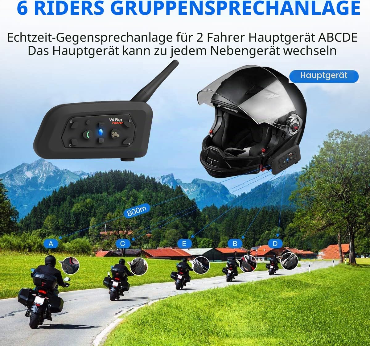 QSPORTPEAK V6 Plus Motorrad Intercom Bluetooth Headsets, 1200M bis zu 6 Fahrer Motorradhelm Interphone Gegensprechanlage Kommunikationssysteme, GPS, Freisprechen, Bluetooth 5.1, 2 Stück