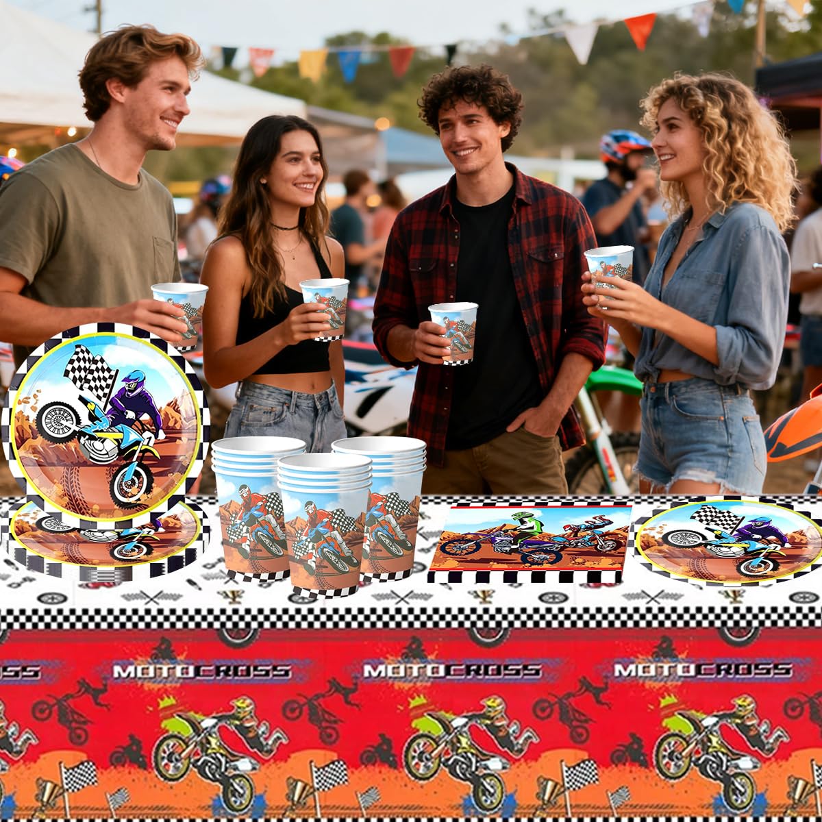 Set di 61 stoviglie da motocross, accessori per feste da corsa, decorazione di compleanno per bambini, tra cui bicchieri di carta, tovaglioli e tovaglia, adatto per 20 ospiti