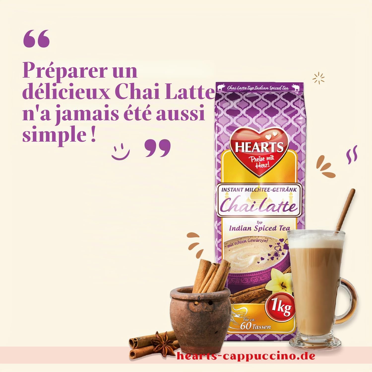 Hearts Chai Latte Poudre de 5 x 1 kg de thé au lait instantané, facilement soluble avec de vraies épices, thé épicé pour la restauration et la maison, il suffit d'ajouter de l'eau pour 250 tasses