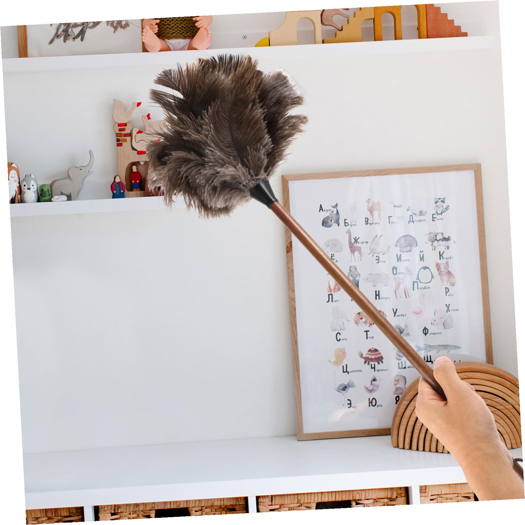 Plumero De Plumas De Avestruz Negro Mango De Nogal Mate, Herramienta De Limpieza Para Hogar, Capturador De Polvo Sin Químicos, Polvo Para Muebles, Uso Doméstico