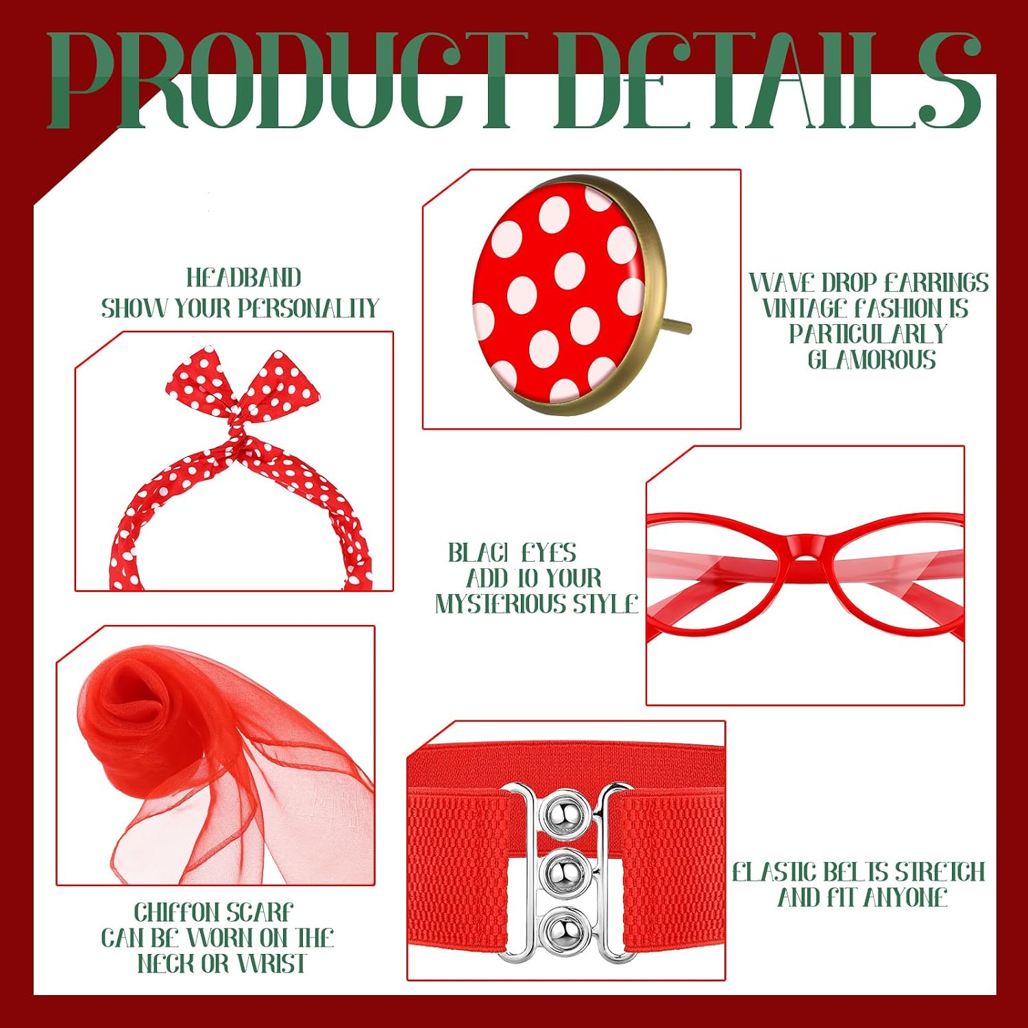 Newcotte 1950's Womens Costume Accessories Scarf Polka Dot Cat Eye glasses Bandana Tie Headband Earrings Gloves Waistband