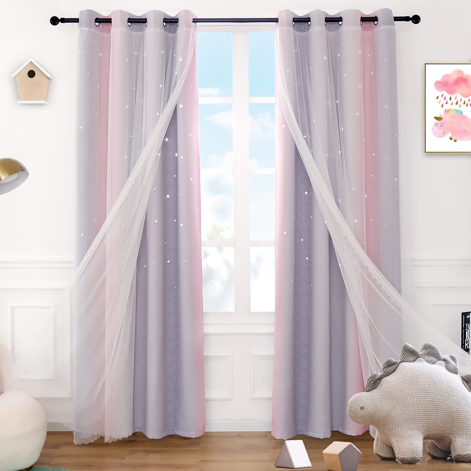 Sivio Star Blackout Curtains Bedroom 2 Panels Cut Out Stars Ombre Colourful Double Layers Eyelet Curtains with Voile for Living Room Drape 52 x 63in, Pink Grey 132x160cm