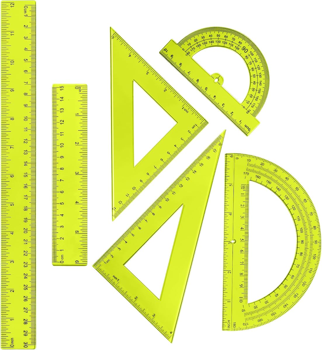 Tenare 6 Pcs Plastic Ruler Math Set Includes 12 Inch 6 Inch Straight Protractor Triangle Geometry Transparent Math Ruler Measuring Tools for School Office Home(Yellow)