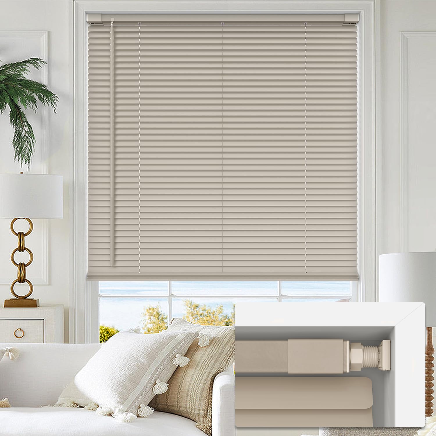 LazBlinds No Drill 1" Vinyl Mini Blinds, 35 1/2" W x 64" H, Desert Sand