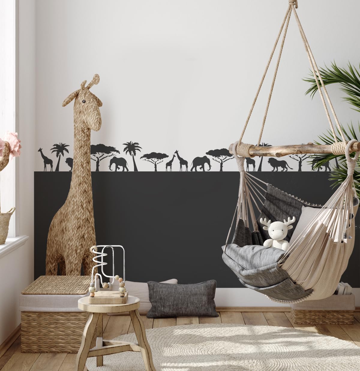 Pochoir pour bordure murale d'animaux de safari, désert africain avec arbres de style bohème pour chambre d'enfant, décoration murale, peinture sur mesure, métamorphose de chambre d'enfant (taille 15