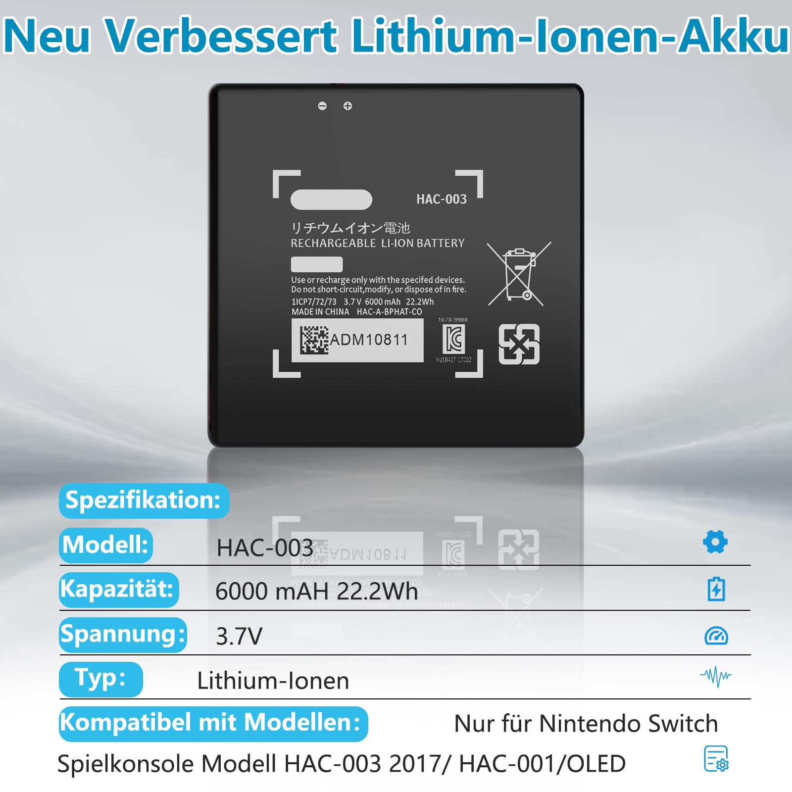 HAC-003 Batteria per Nintendo Switch modello HAC-003/HAC-001 console da gioco palmare, 2025, 6000 mAh, ultra alta capacità, batteria di ricambio agli ioni di litio con strumento di riparazione
