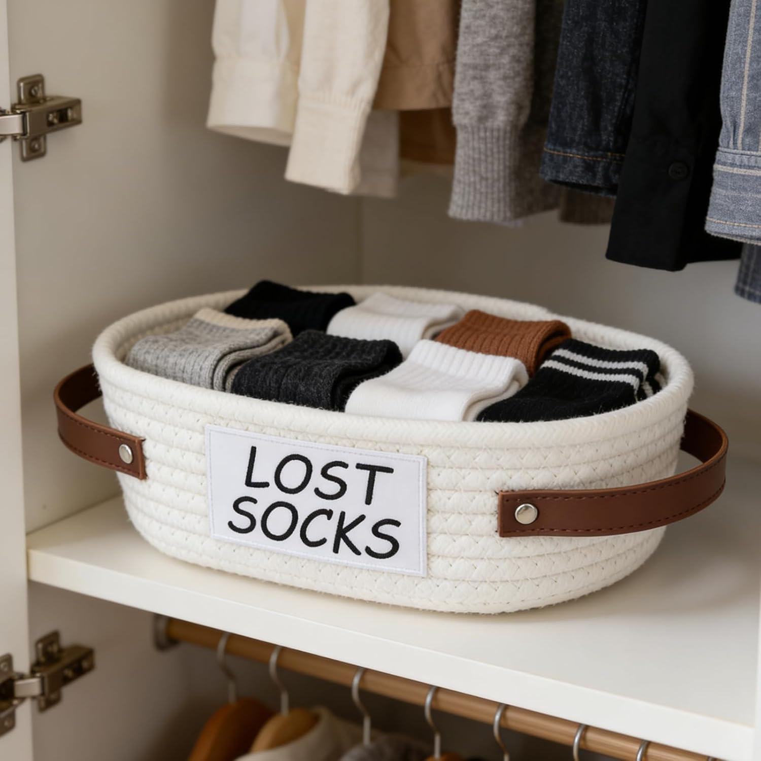 Lost Socks Basket for Laundry Room, Cotton Rope Sock Basket with Handles, Large Woven Storage Bin for Unmatched Socks, Laundry Room Organization and Decorative Home Storage Box,White