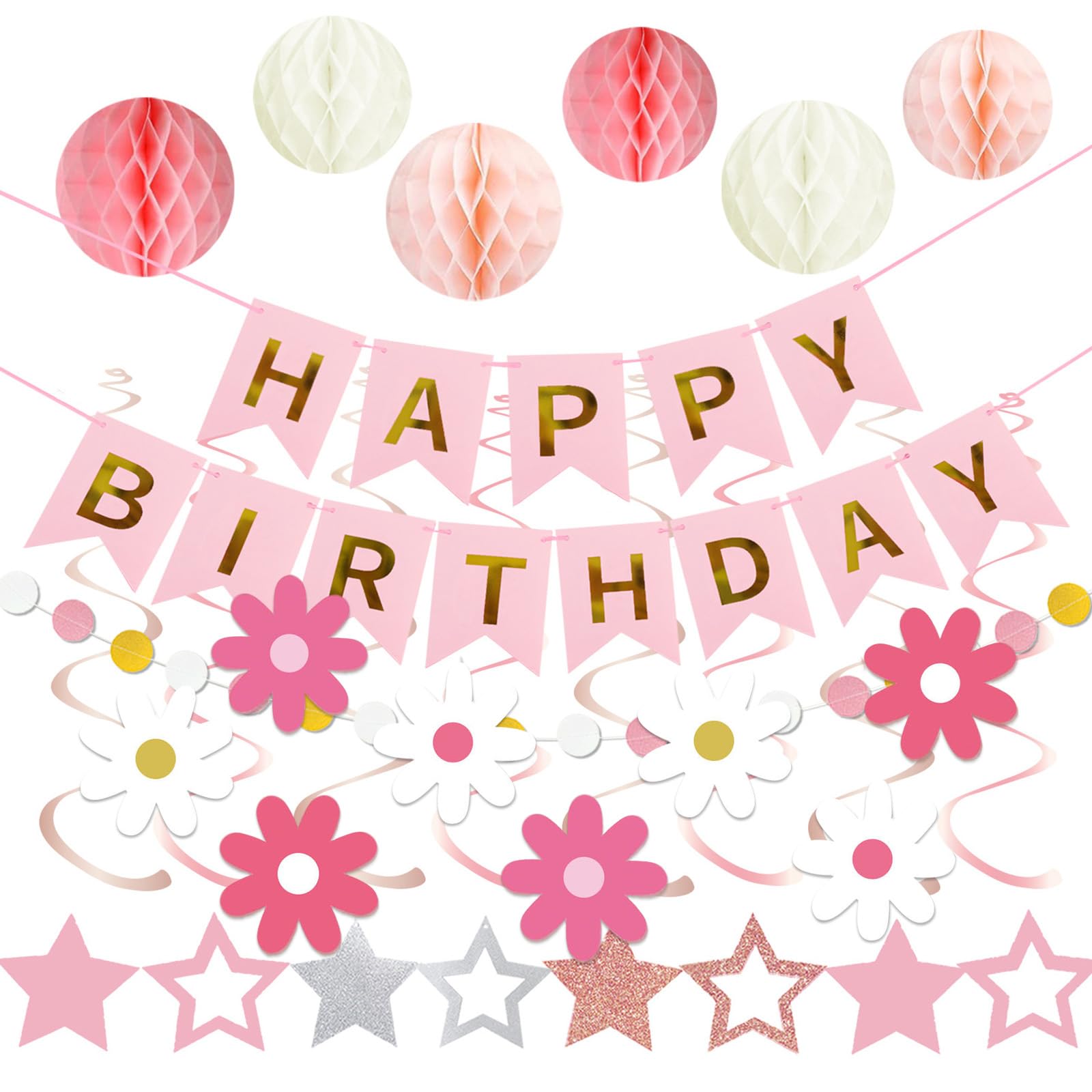 BORISCA Happy Birthday Decorations, Stars Hanging Swirl Streamers, Birthday Decoration for Women Men Boys Girls (Pink)
