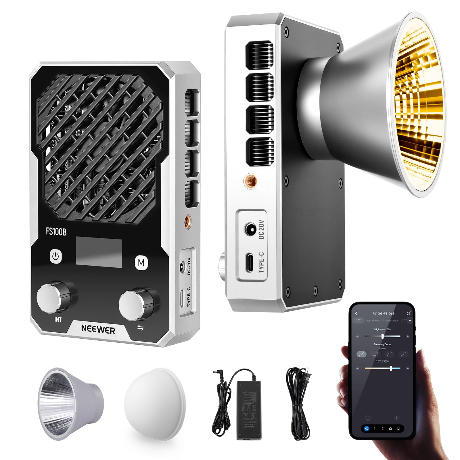 NEEWER 100W Ultra Compact LED Video Light APP/Panel Control, Pocket Size Bi Color COB Continuous Output Lighting with 4 Dimming Curves/2700K-6500K/CRI96+ for Studio Photography Recording, FS100B