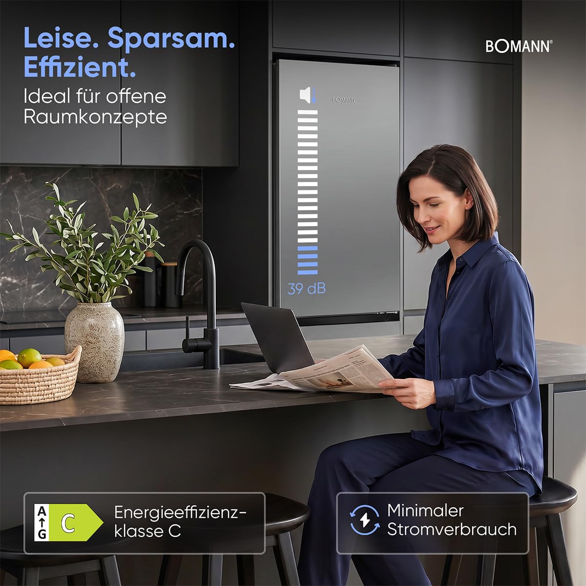 Bomann® Kühlschrank mit Gefrierfach | Energieklasse C | 181cm | NoFrost | 5 Jahre Kompressor-Garantie | Kühl Gefrierkombination No-Frost | Kühlgefrierkombination freistehend | KG 7370 silber