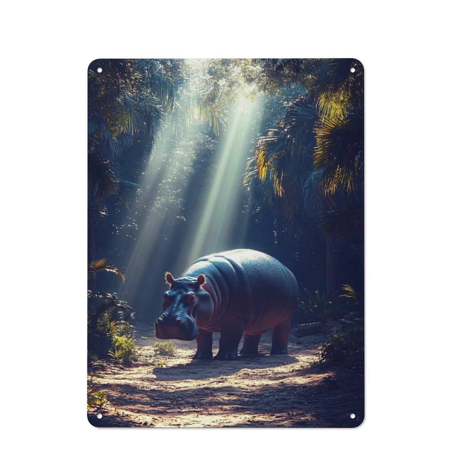 Junmoney Style-19 Classic Hippo In Jungle Sunlight Metal Wall Plaque 40X30cm, Retro Room Decor For Bedroom, Office, Home Bar Or Dining Room