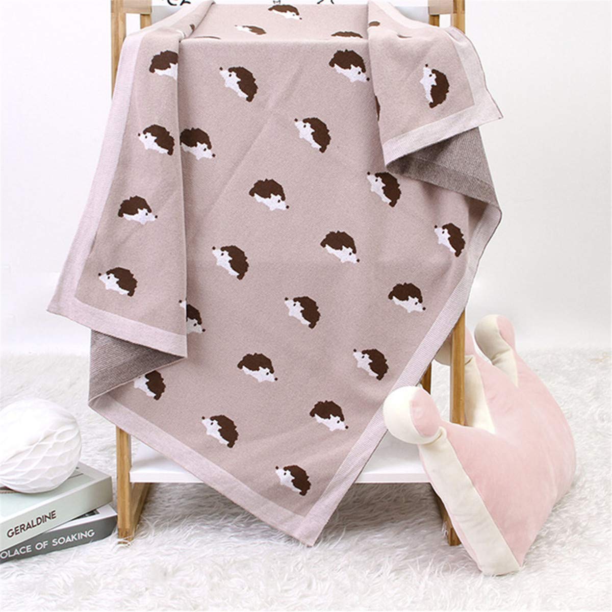 Surwin Baby Knitted Soft Blanket for Newborn, Warm Swaddle Wrap Stroller Cover Nursing Blanket Sleep Sack Stroller, Birthday Gift for Kids Boys and Girls (80x100cm,Pink hedgehog)