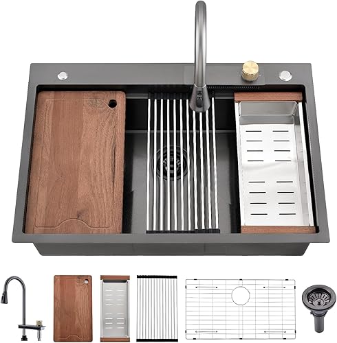 Fregadero de cocina de 33 x 22 pulgadas con grifo 33 x 22 pulgadas, cascada de 33 x 22 pulgadas, fregadero de cascada de acero inoxidable negro