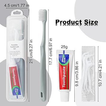 Toothbrush Toothpaste Set, Travel Toothbrush Set with 5 Floss Picks, Travel Toothbrush Set Case, Individually Packaged, Suitable for Home, Travel, Hotel (4-Pack)