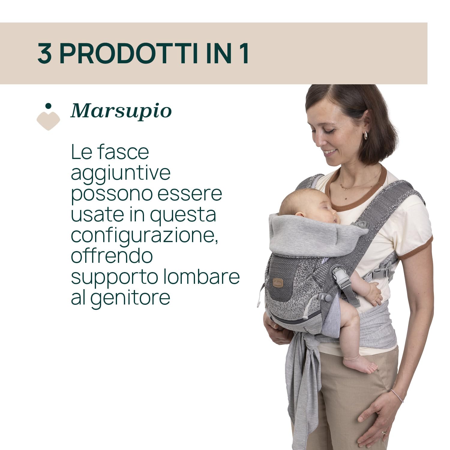 Chicco Airy Hip Fit Marsupio Ergonomico 3-in-1 | Tessuto Traspirante 3D Flyknit, Supporto Base Removibile per Distribuzione Peso | Posizioni Multiple: Fronte Mamma, Fronte Strada e Zaino | 0-15kg