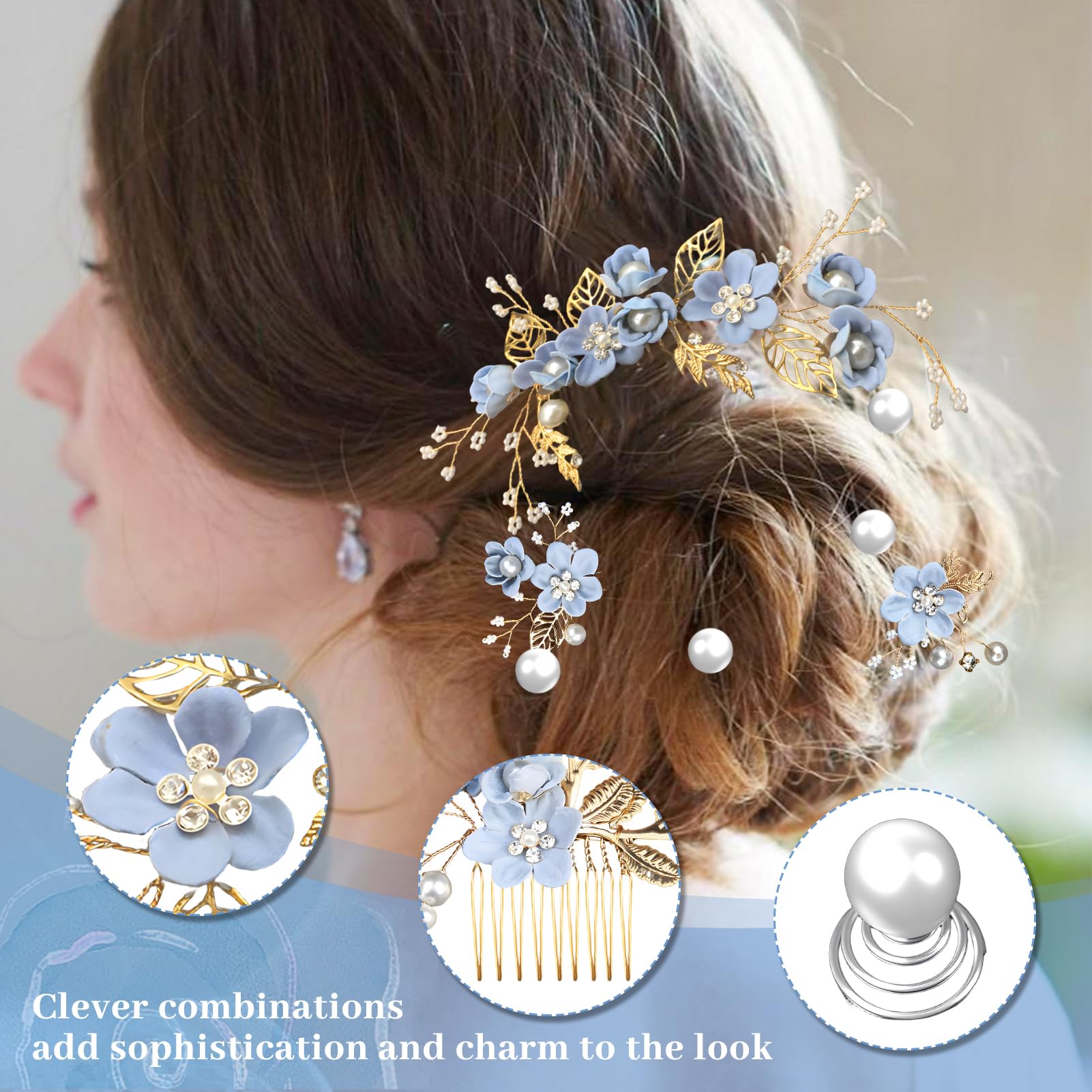 16PCS Bridal Wedding Blue Hair Accessories for Women Elegant Decorative Flower Hair Pins & Comb Set - Image 3