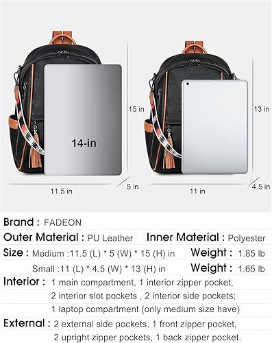 Miniatura 3 de FADEON Mochila de cuero para mujer, mochilas de moda, múltiples bolsillos de diseño, bolsos de hombro para mujer, L-Negro Con Marrón Estilo Retro,