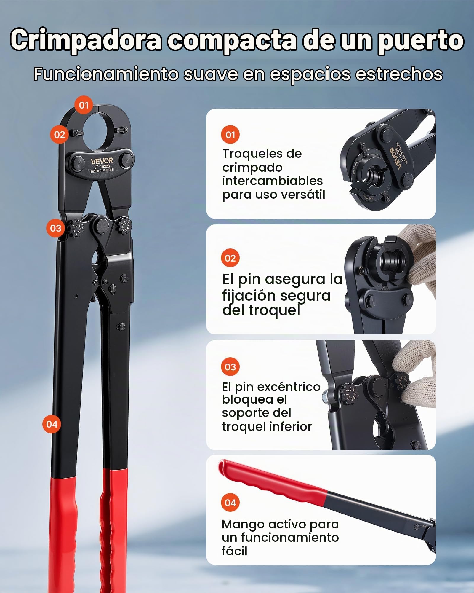 VEVOR Alicates Prensadores de Tuberías, Herramienta de Prensa para Tubos de PEX y Aluminio-plástico, con 5 Mordazas TH12 TH16 TH20 TH26 TH32 y Estuche, para Reparaciones, Instalaciones de Fontanería