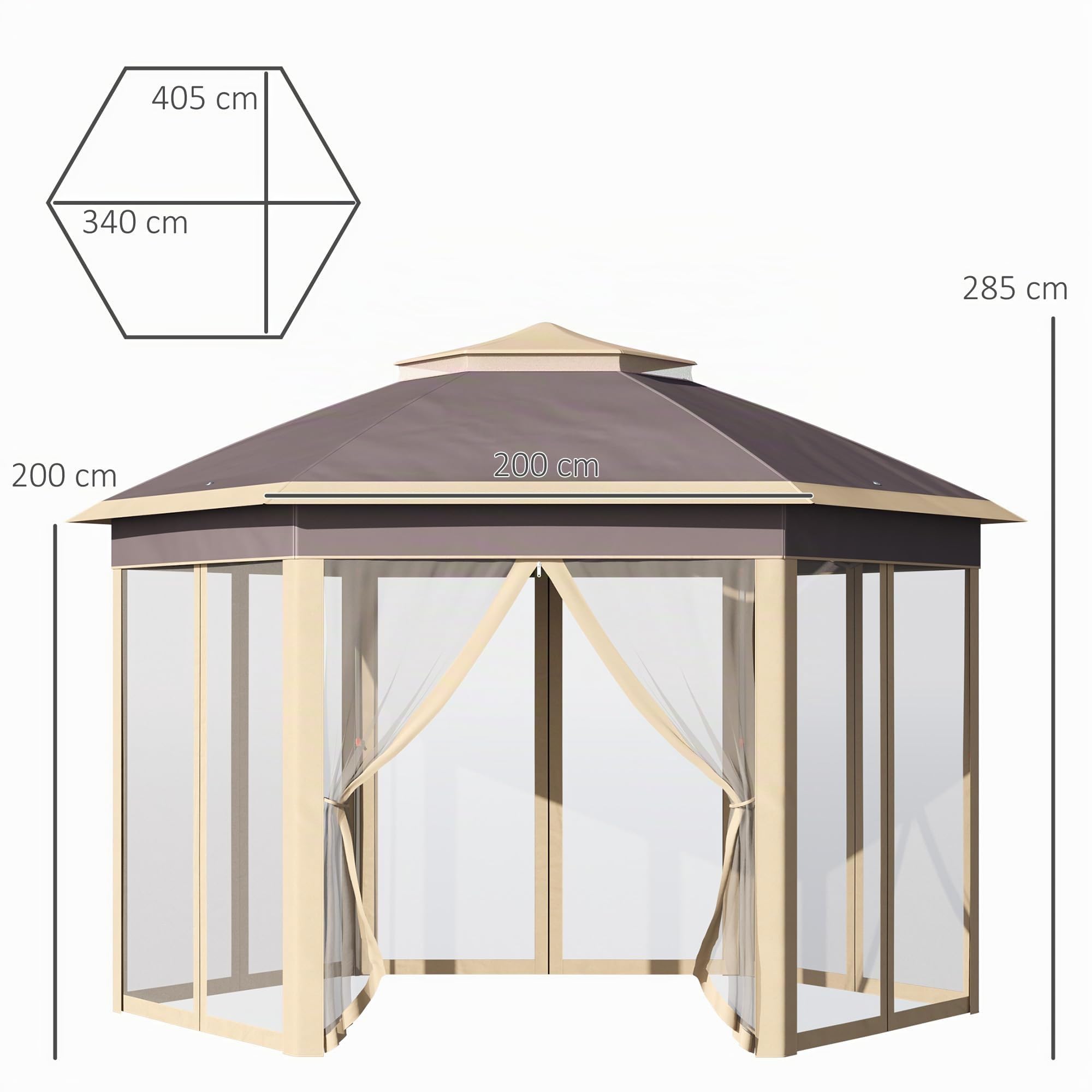 Outsunny Tonnelle Pliable 4x3,4x2,85 m Pavillon de Jardin Hexagonal avec Double Toit 6 Moustiquaires Démontables Sac de Transport Hauteur Ajustable sur 3 Niveaux et Anti-UV Gazebo pour Fête Patio
