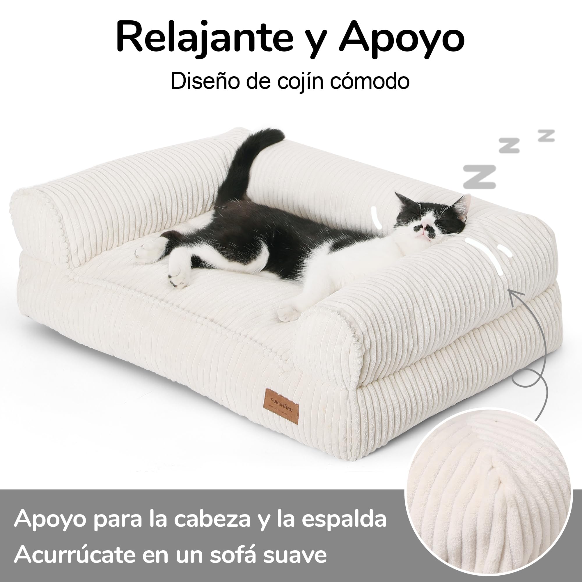 FUKUMARU Cama para Gatos, Sofá Cómodo de Terciopelo para Gatos de Interior con Funda Desmontable y Lavable, Cama para Perros Antideslizante y de Apoyo para Perros Pequeños, 72 x 52 x 22 cm, Cream