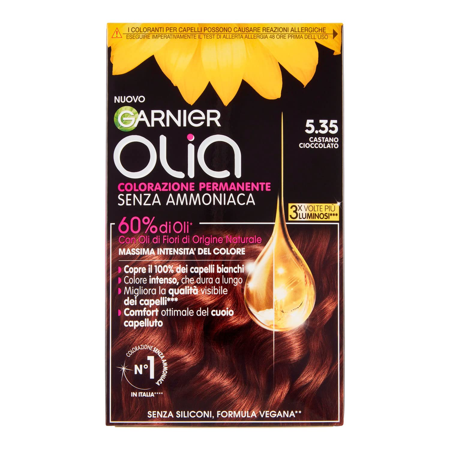 Garnier Olia Ammonia Free Permanent Hair Color, Covers 100% White Hair with Natural Origin Floral Oils, Vegan Formula, Chocolate Brown