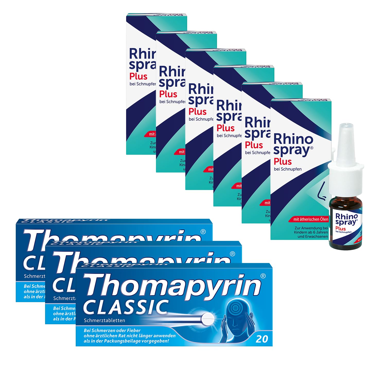 Thomapyrin CLASSIC bewährte 3-fach Kombination bei akuten Kopfschmerzen 3 x 20 Stk + Rhinospray PLUS Nasenspray bei Schnupfen mit Tramazolin & ätherischen Ölen 6 x 10 ml | Vorteils-Packung
