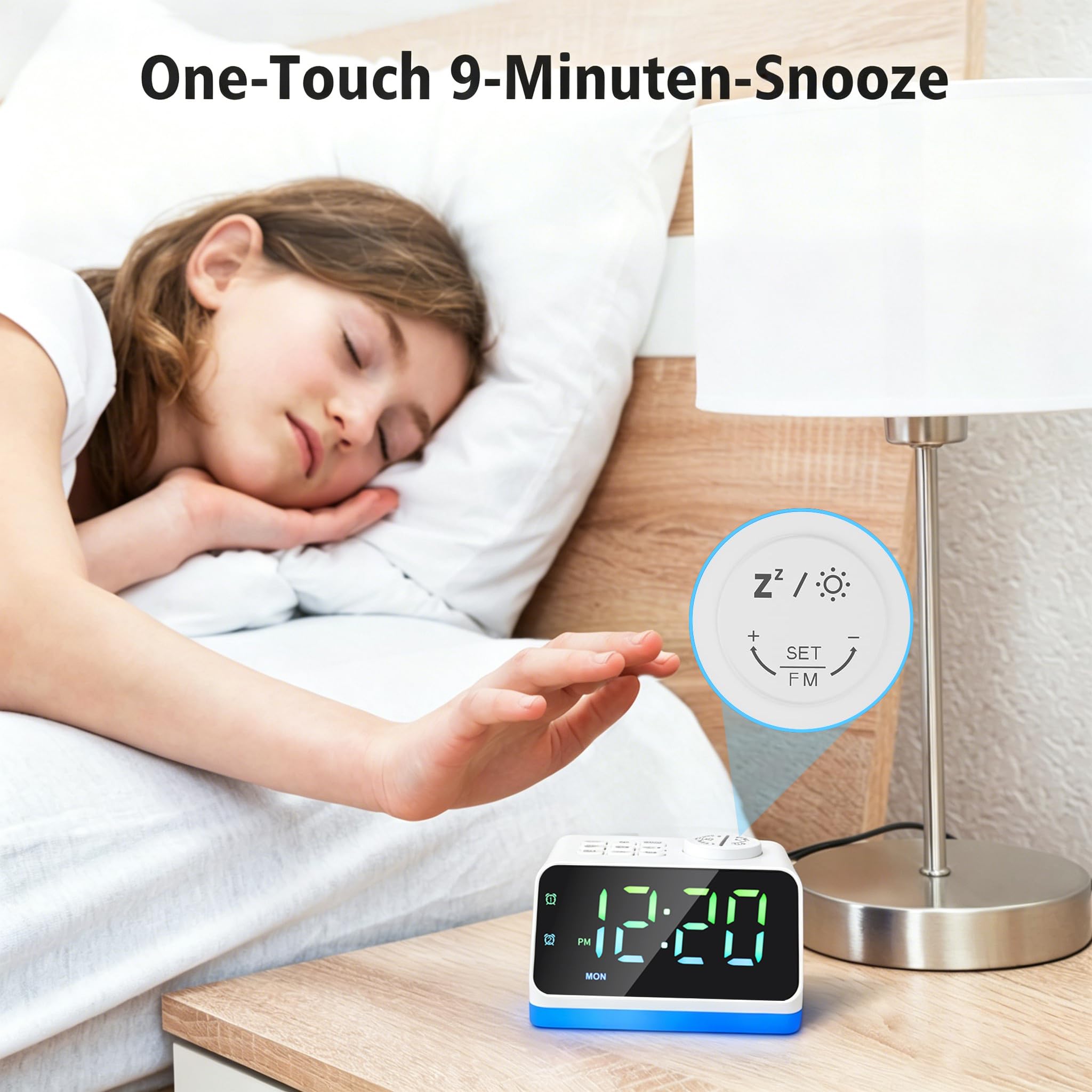 Radio-réveil numérique pour chambre à coucher - Veilleuse 8 couleurs (0 à 100 % à intensité variable), double alarme avec 7 sons d'alarme, minuterie de sommeil flexible (10 à 480 min), 2 ports de