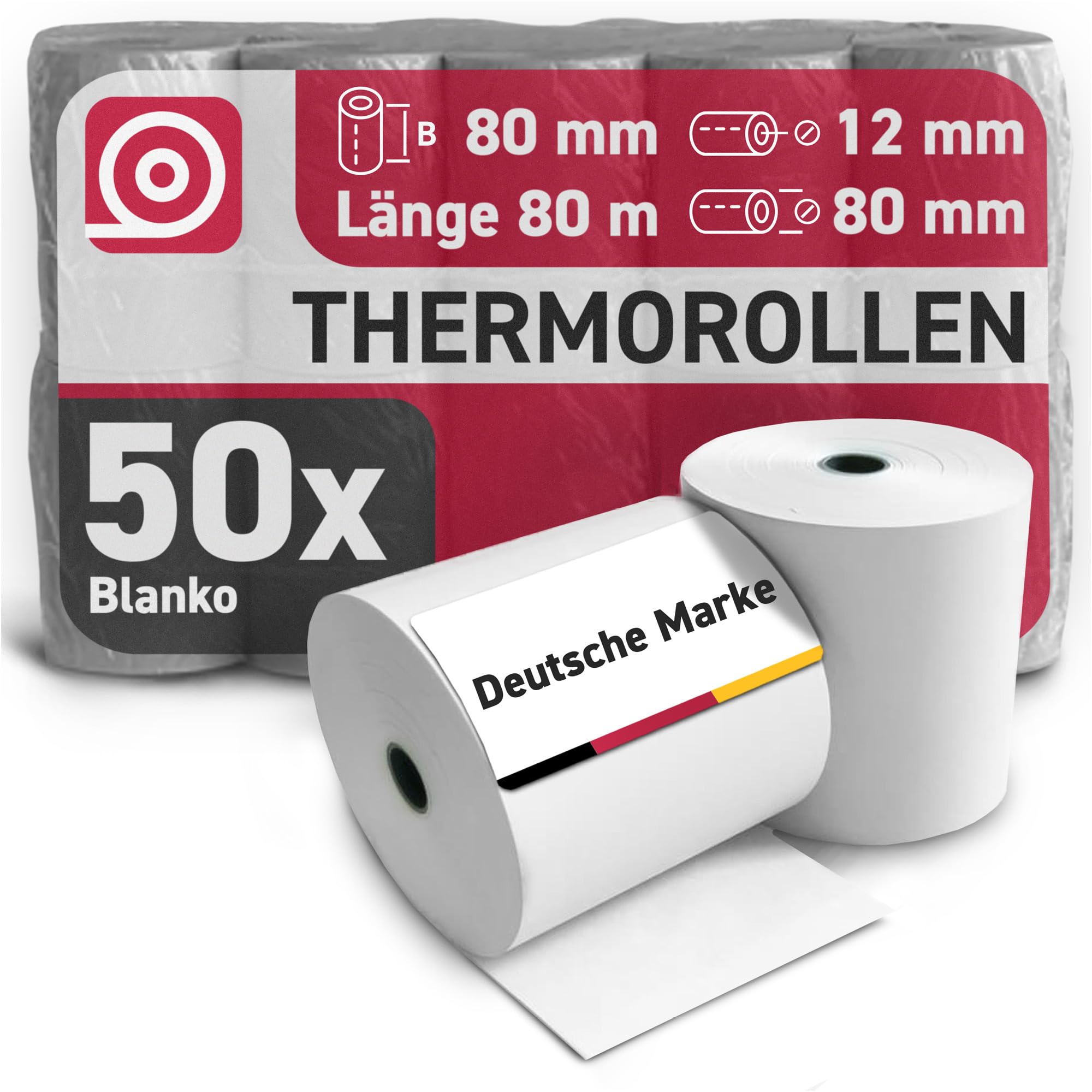 phenolfreie Thermorollen 80 mm x 80 m x 12 mm – Bonrollen aus 55 g/m² Thermopapier – 50 Kassenrollen mit ⌀ 80 mm – für EC-Cash & Kassendrucker