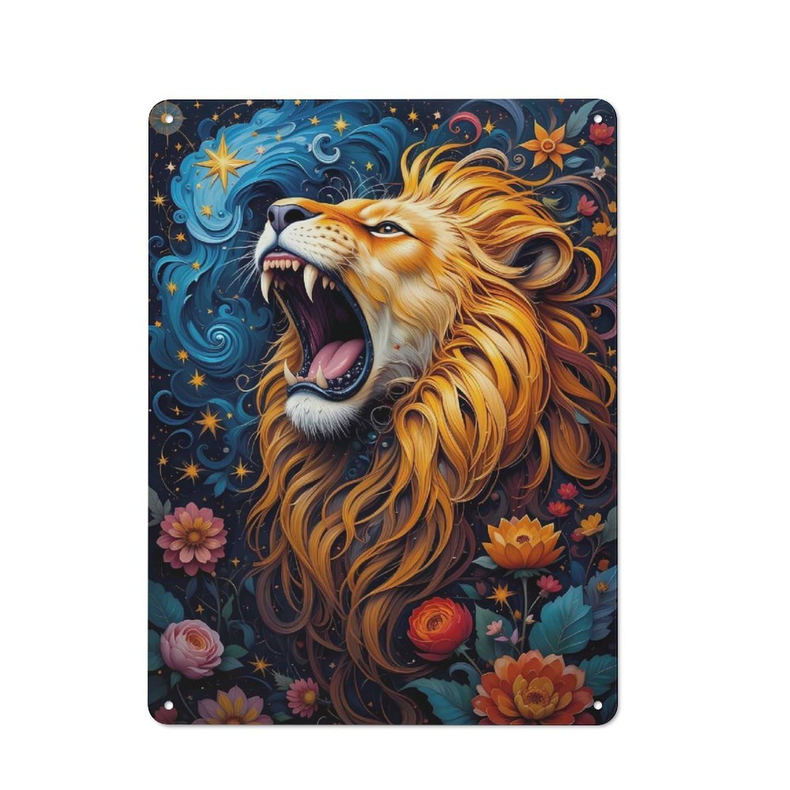 Junmoney Style Roaring Lion With Floral And Celestial Background Industrial- Metal Sign 40X30cm For Living Room Wall, For Collectors Decorating Living Rooms And Feature Walls