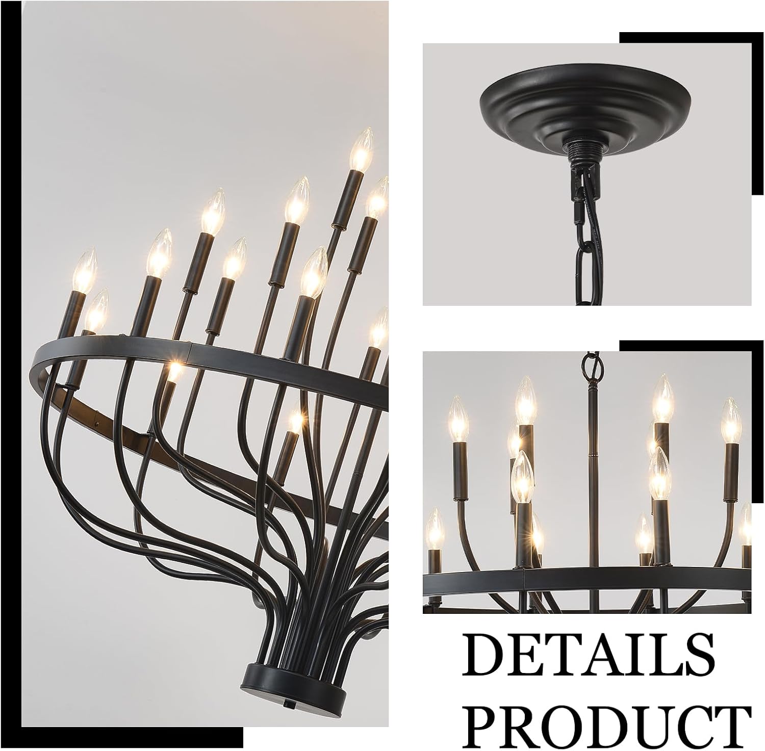 HHR 40-Inch Farmhouse Foyer Chandelier Entryway High Ceiling 24-Light, Candle Chandelier Light Fixtures Modern Black Chandeliers for Dining Room Bedroom Hallway Kitchen Living Room