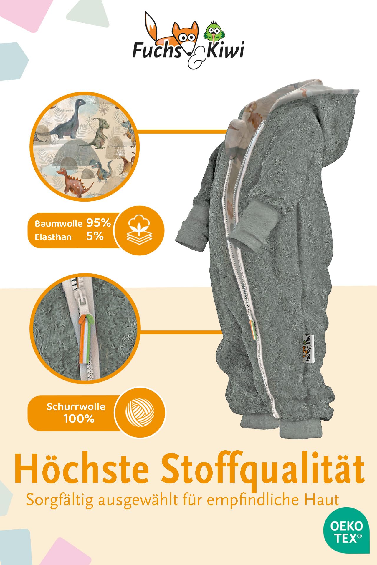 Fuchs & Kiwi Walkoverall Baby Jungen – Natur Schurwolle & Jersey Futter – Öko-Tex, Hautfreundlich – Handmade in Berlin – Wollwalk Overall Baby & Kleinkind – Winter & Herbst