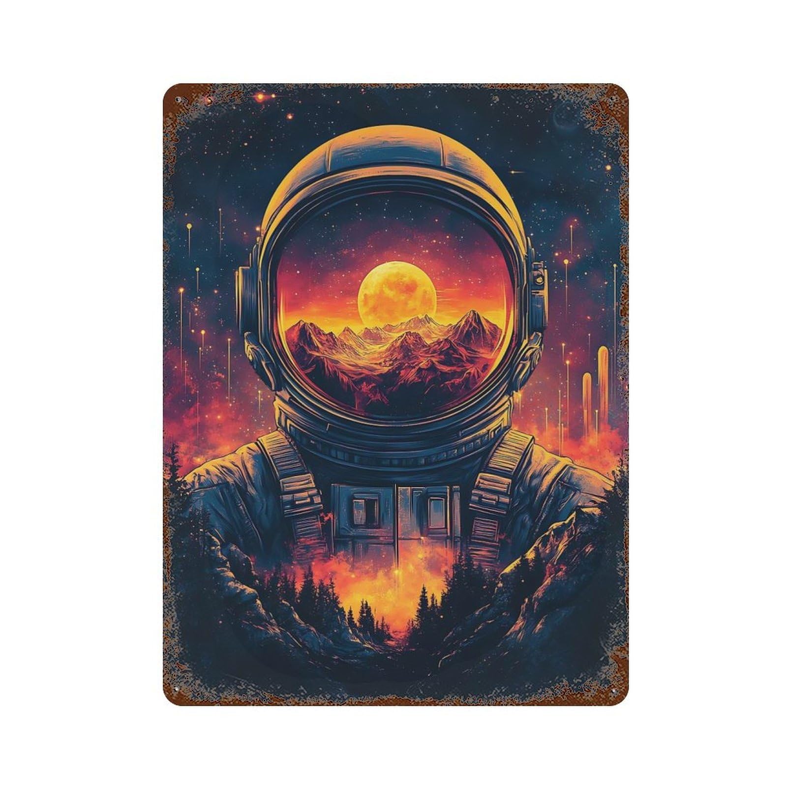 Rustic Tin Plaque with Astronaut in Space Design 15.7"x11.8", for Pub, Kitchen And Man Cave Decor, Old School Wall Decor