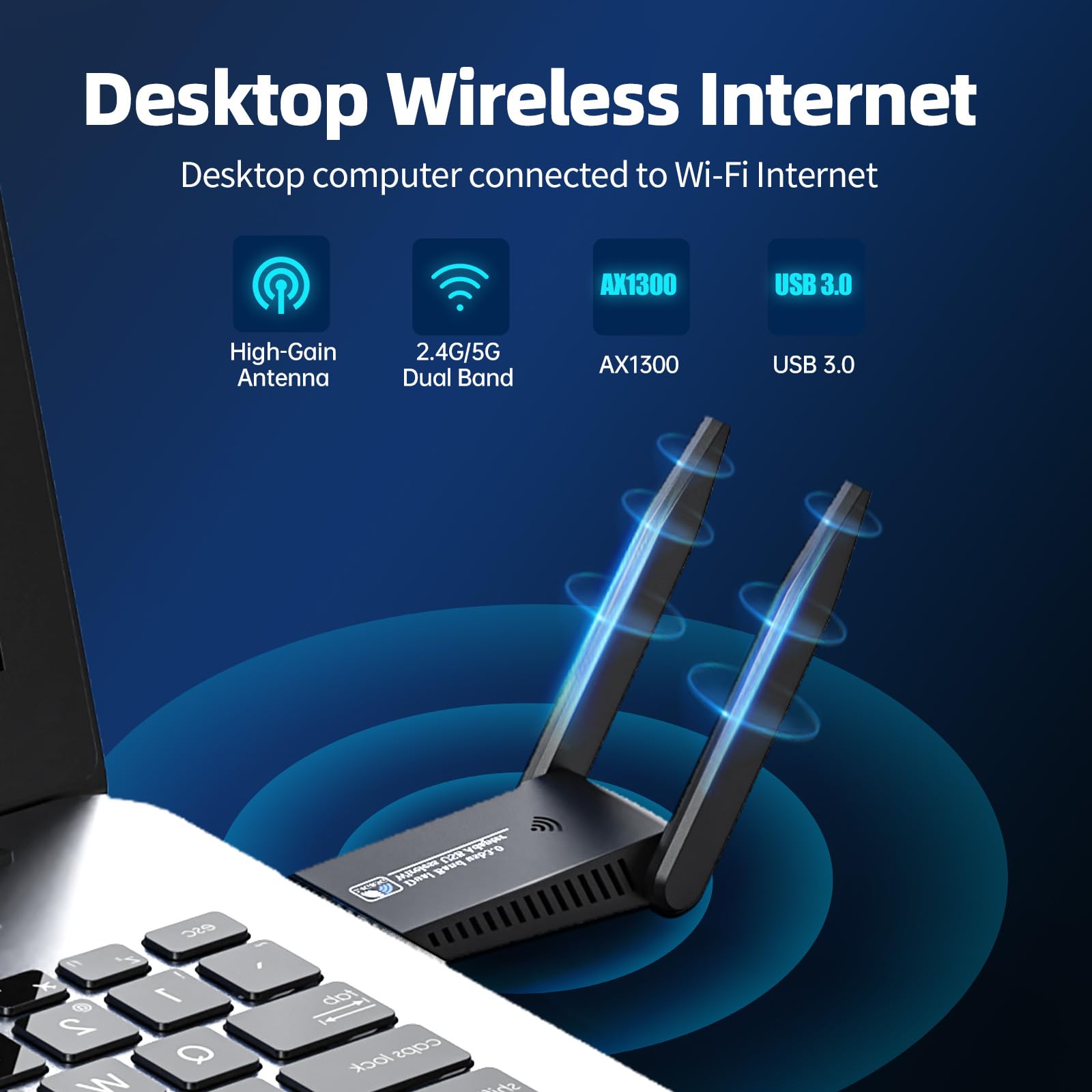 Adaptador WiFi USB 3.0 de doble banda de 1300 Mbps para PC - Tarjeta de red inalámbrica AC1300 con bandas 5G y 2.4G, no necesita controlador para Win10/11, compatible con escritorio, laptop, Windows