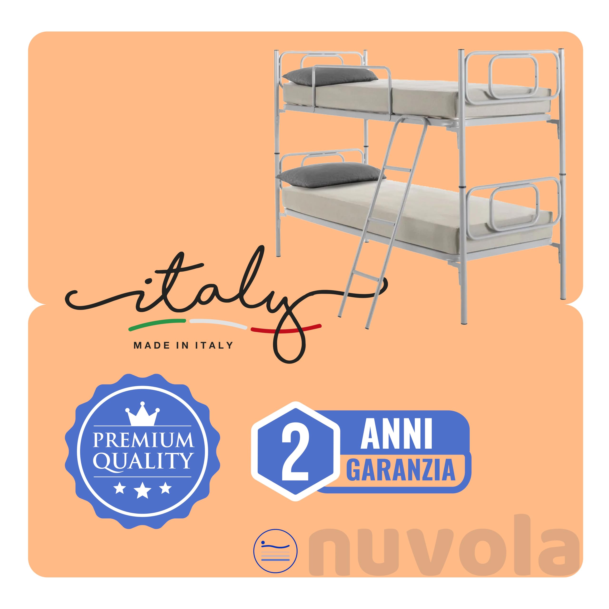 NUVOLA Sirio - Letto a Castello per Bambini e Adulti con Scaletta e Sponda Laterale di Protezione, Include Rete a Doghe Singola 80x190 - Scomponibile in 2 Letti Singoli, Altezza 146 cm, Made in Italy