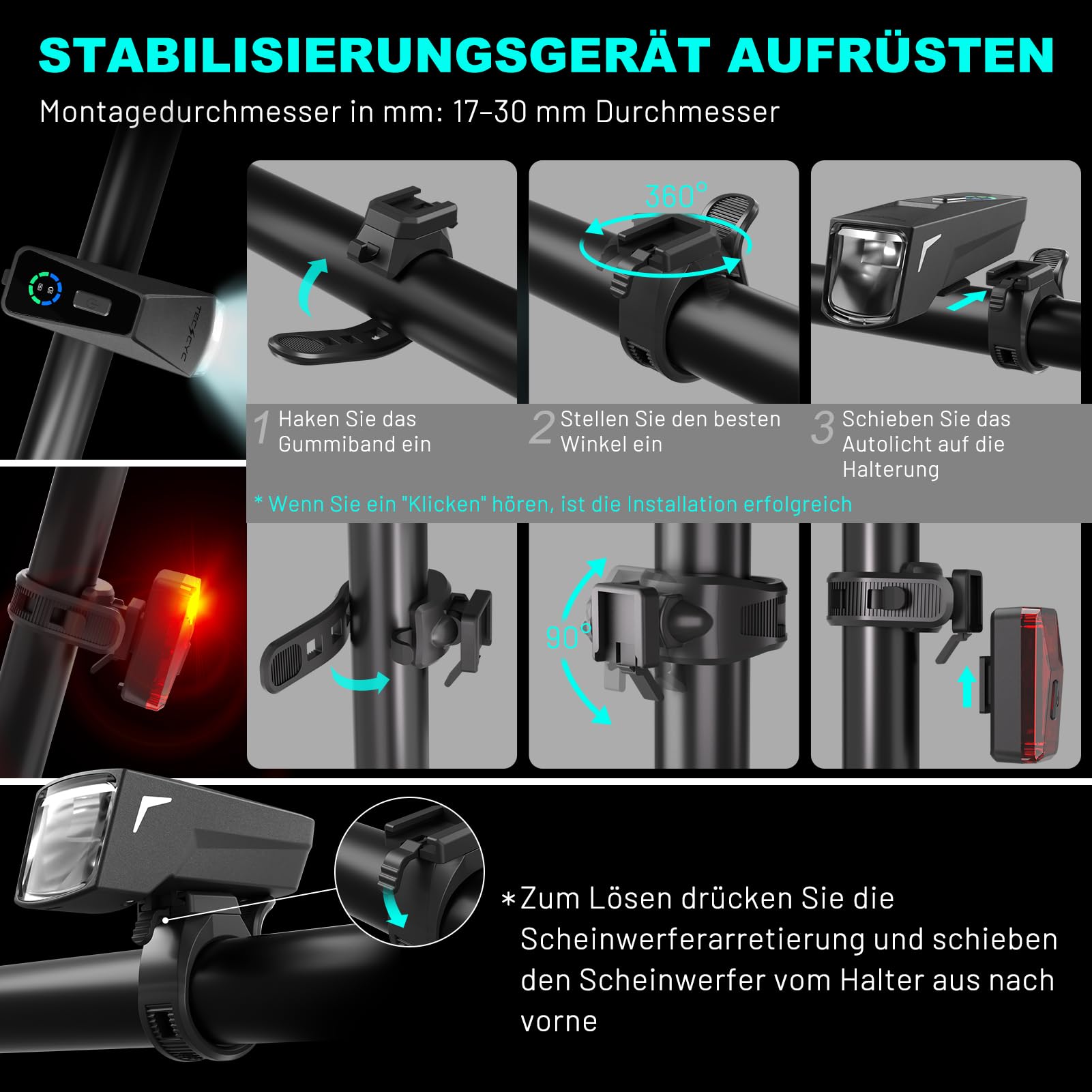 TECHCYC Fahrradlicht Set mit Lightsensesensor, Fahrradlampe bis zu 70 Lux LED, Fahrradbeleuchtung StVZO zugelassen, USB Aufladbar Fahrradlampe, IPX6, 2500 mAh Fahrradlichter Vorne & 300 mAh Rücklicht