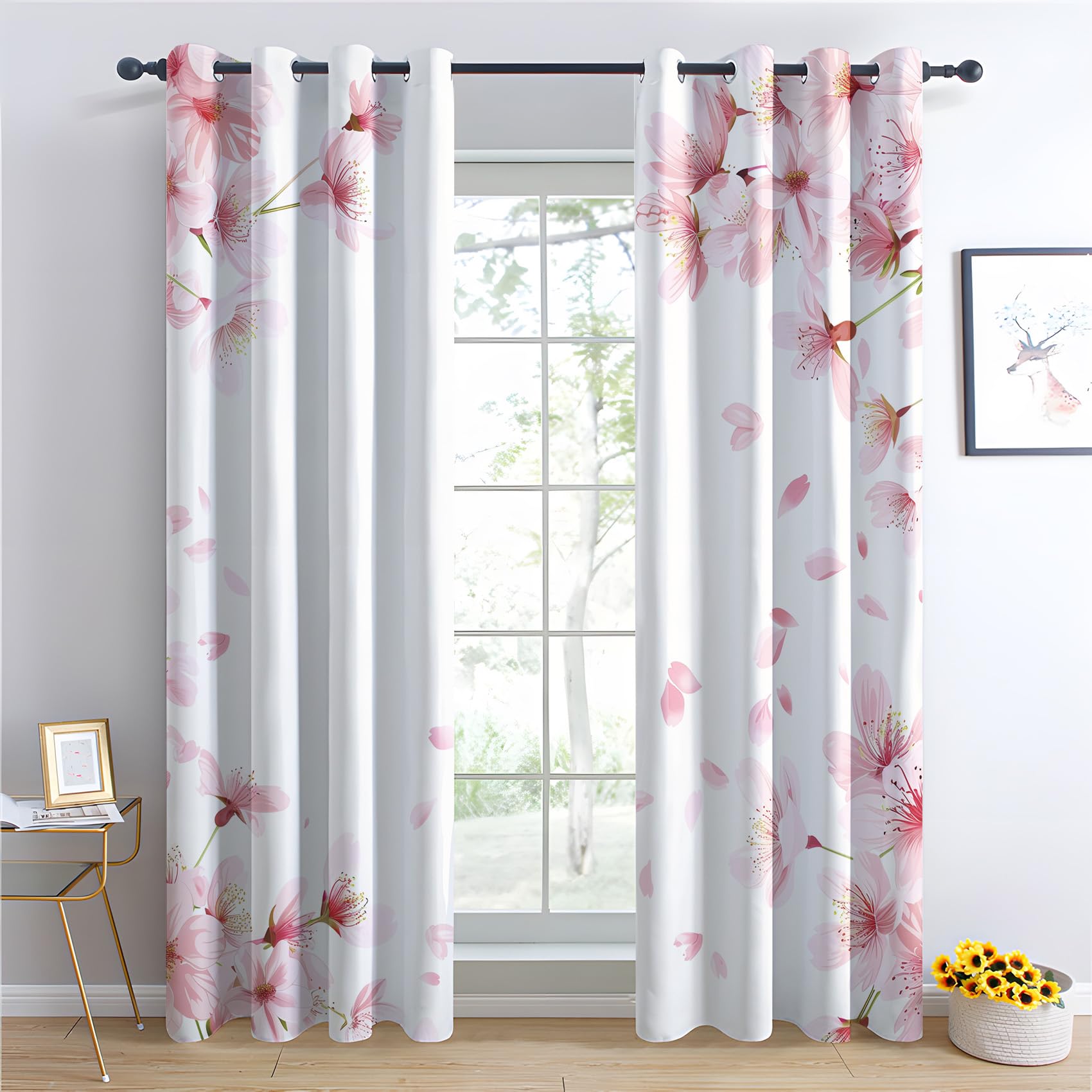 Rideau Occultant Fleur Rose, Floral Motif Rideaux Thermiques à Oeillets, Rideaux Imprimé pour Salon Chambre Fenetre Moderne Décoration, 140x240 cm (L x H), Lot de 2