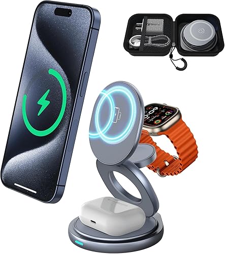 Estación de carga inalámbrica 3 en 1 para cargador de viaje Apple para múltiples dispositivos, cargador magnético plegable Magsafe giratorio 360