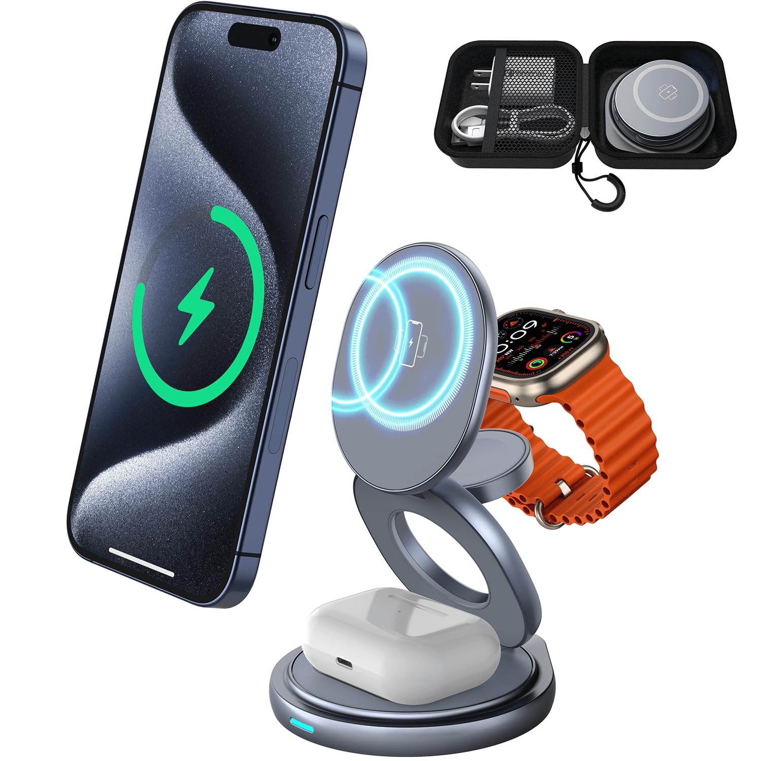 3-in-1 Wireless Magnetic Charging Station - 15W Fast Charger For IPhone, AirPods & Apple Watch