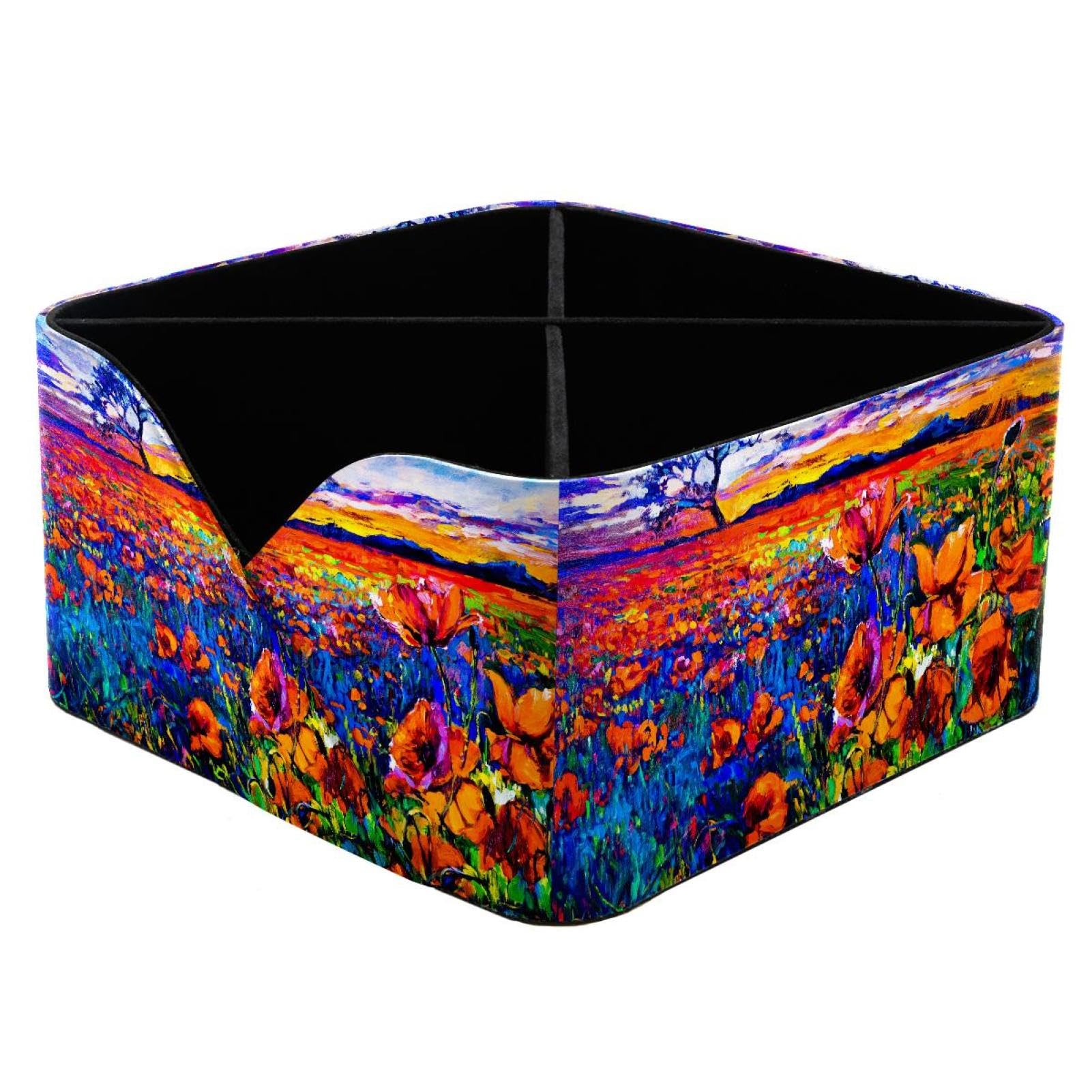 KengjuTesu Poppy Field Beautiful Sky Tree Oil Painting Desktop Organizer Pen Holder, Rectangular Pencil Cup for Office, Study and Makeup Stations