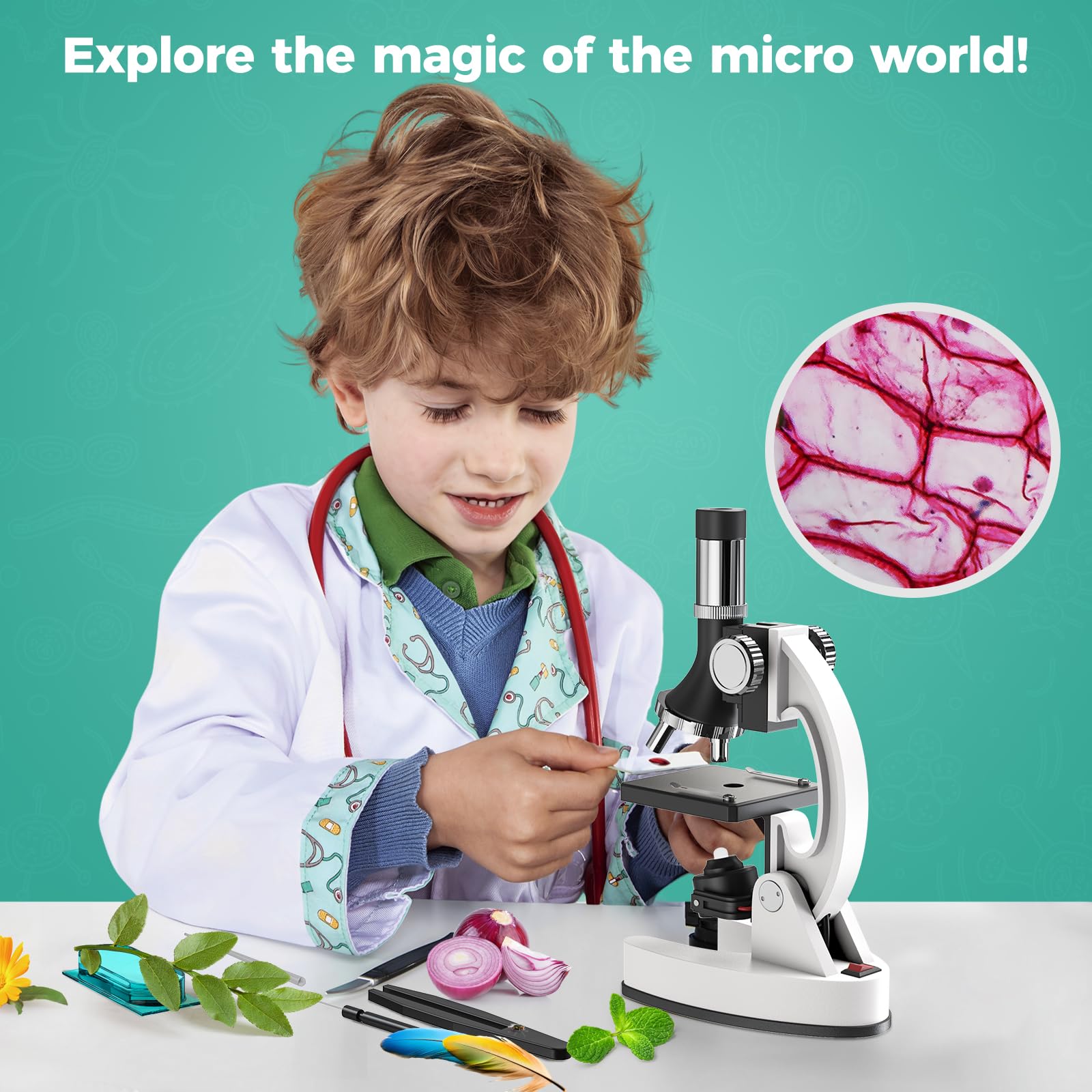 USCAMEL Microscopio Óptico 1200X para Niños - Kit Científico con Portaobjetos, Cuerpo Metal, LED y Maletín. Microscopio Compuesto Educativo - Regalo para Niños y Niñas